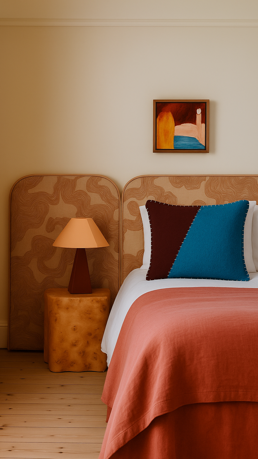 Bedroom with a bed, lamp, and abstract painting on the wall.